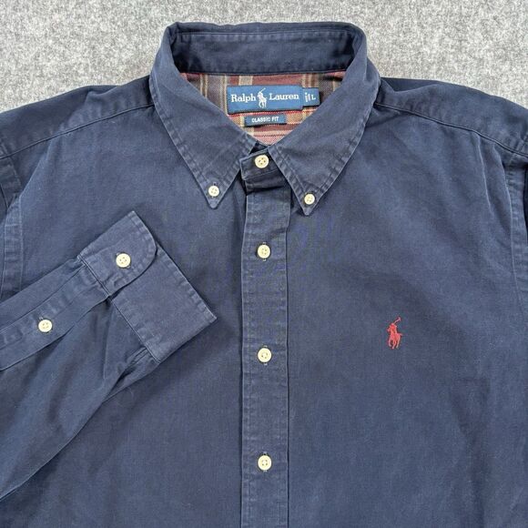 Ralph Lauren Classic Fit Navy Blue Button Down Shirt Large Plaid Lining Pony - Picture 1 of 8